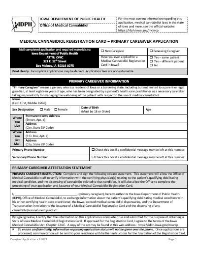 Primary Caregiver Application (Paper-Based) Sections: Primary Caregiver Information Patient Information Health Care Practitioner