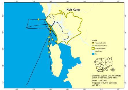 Figure 3. Map of the systematic tracklines and the location of cetacean sightings during the first survey for cetaceans in the Peam Krasop Wildlife Sanctuary and adjacent coastal waters.