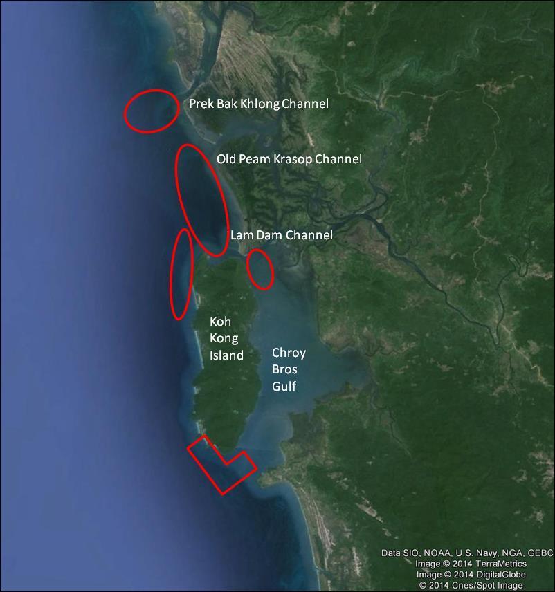 Figure 7. Satellite image from Google Earth showing the approximate areas (outlined in red) where Irrawaddy dolphins were generally found. 3.