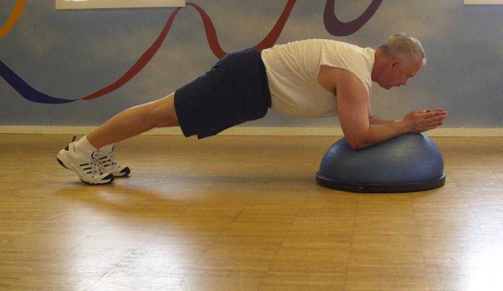 Iso Planks in Push-Up Position To begin place a Bosu or Stability Ball in front of you. Kneel down on both knees and place your forearms on top of the Bosu or Stability ball.