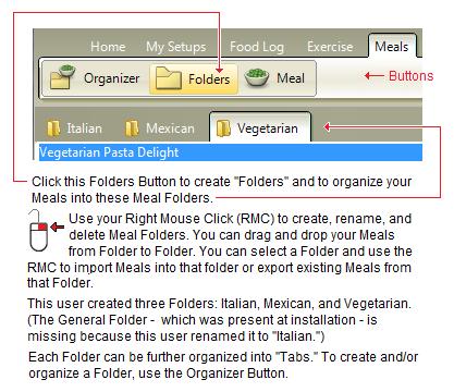 "General.") The "Vegetarian Breakfast" Folder is currently active. If you want to organize a different Meal Folder, click the down arrow and select the Meal Folder you want to organize.