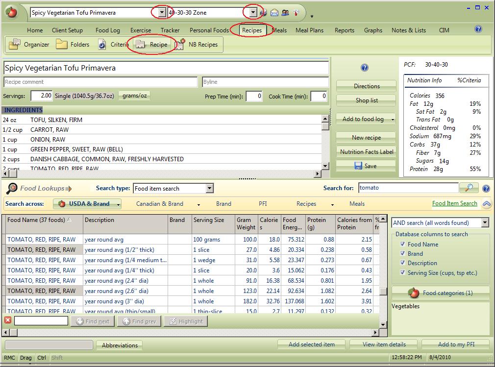 The Recipes Window NutriBase recipes include food items from our nutrient database, food items you may have added to NutriBase, and other recipes you have created (like sauces).