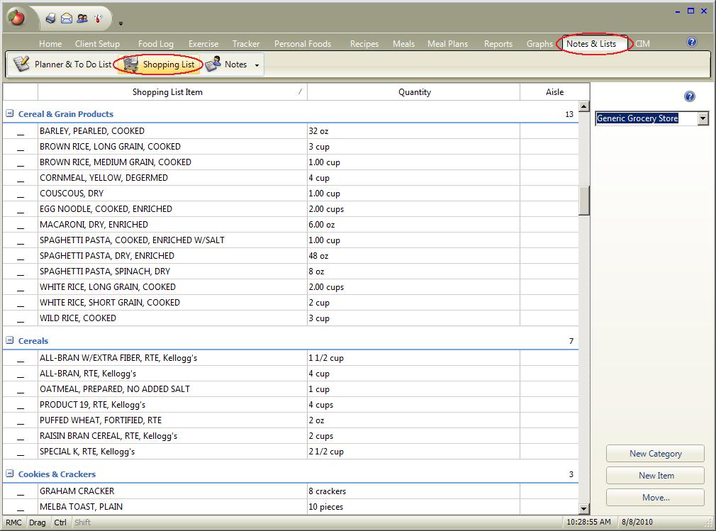 Shopping List Window The NutriBase Shopping List is one of the options you can reach by clicking the Notes & Lists Tab. From the Shopping List window, you can: 1) Edit, add, merge, or delete items.