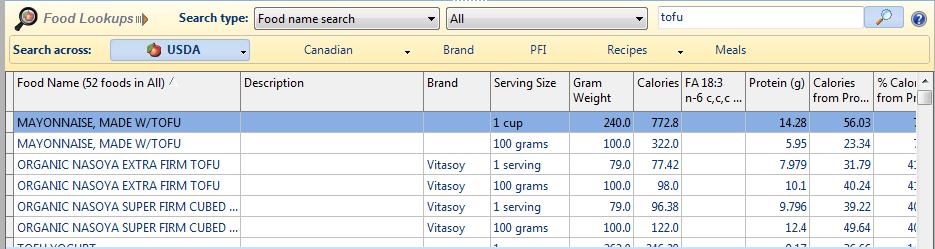 The NutriBase Search Screen sits in the middle of the window of your Food Log, Recipe, Meal, and Meal Plan windows. The same functions are supported in each of these situations.