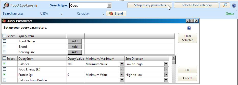 Example Six - Query NutriBase permits you to conduct a Query. A Query is a sophisticated Boolean AND search. Here is a simple Query: In the Search type section, choose the Query option.