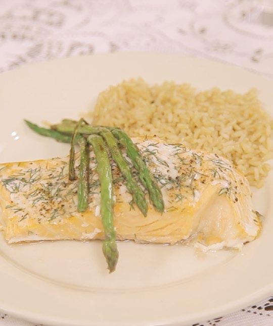 Baked Dill Salmon with Rice and Asparagus Ingredients: 2 salmon fillets (frozen or fresh) Cooking spray 3/4 Tablespoons finely chopped fresh dill Dash of salt and pepper 2 wedges of lemon 1 bag of
