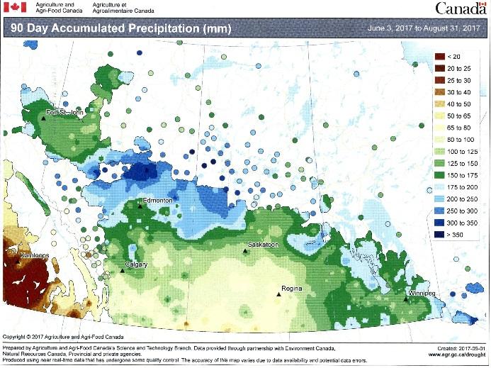 Figure 2b Map - Accumulated precipitation and departure from normal in Canada (Prairies) during the 2017 growing season (June 3 rd to August 31 st and April 1 st to August 31 st, 2017).