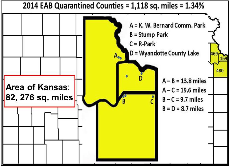 Within Kansas: Emerald ash borers have been documented in 3 (currently quarantined) counties:
