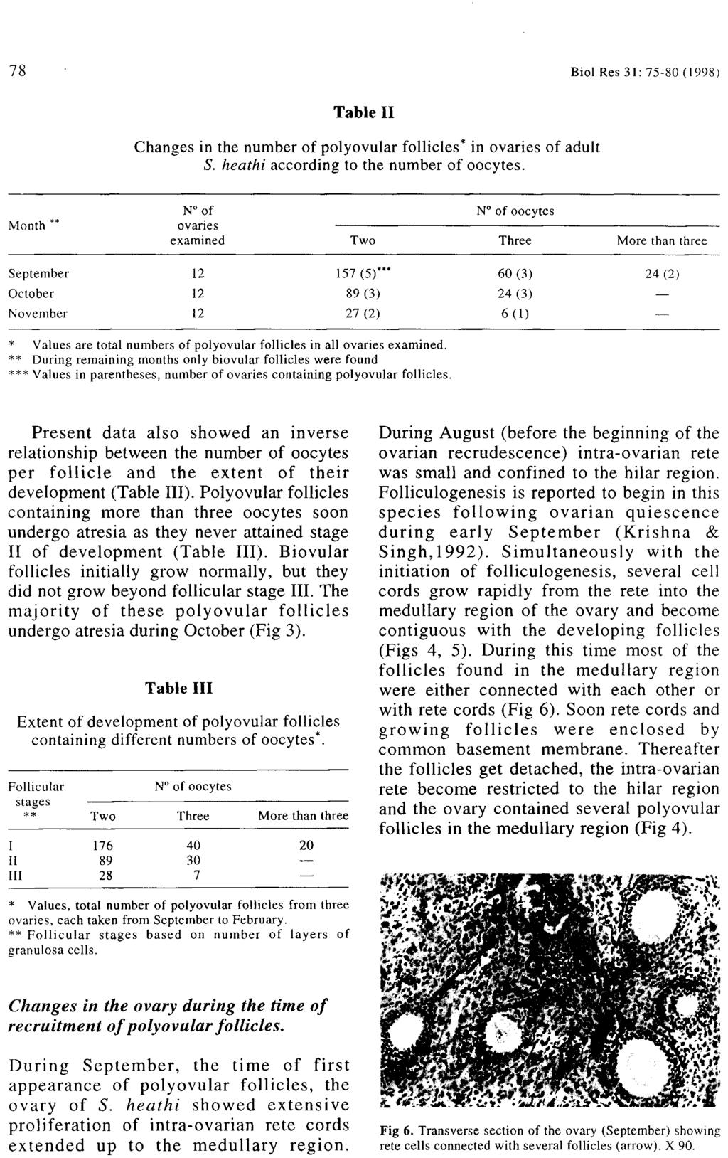 78 Biol Res 31: 75-80 (1998) Table II Changes in the number of polyovular follicles* in ovaries of adult S. heathi according to the number of oocytes.
