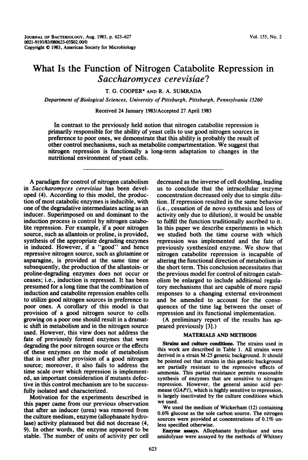 JOURNAL OF BACTERIOLOGY, Aug. 1983, p. 623-627 21-9193/83/8623-5$2.O/ Copyright 1983, American Society for Microbiology Vol. 155, No.