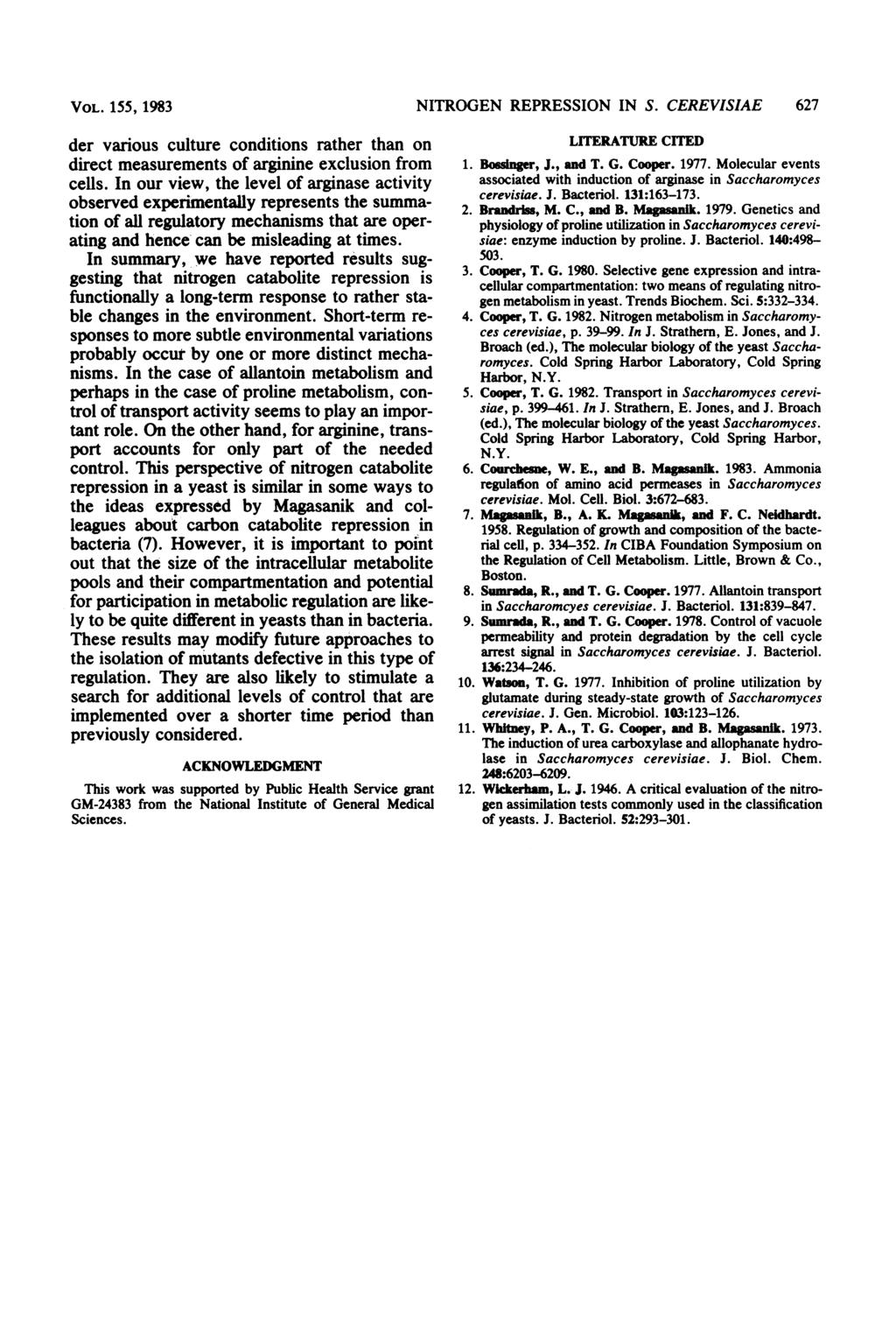 VOL. 1S5, 1983 der various culture conditions rather than on direct measurements of arginine exclusion from cells.