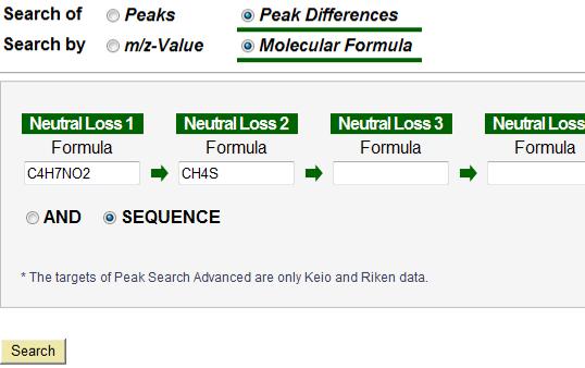 If "SEQUENCE" is selected, peak pairs, whose m/z difference is matched to the molecular formula, are retrieved in the order of Neutral Loss 1, 2, and 3.