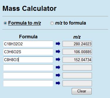 7.3 Basic Mass Calculation Tool Mass Calculator on the upper right corner is a basic mass calculation tool that you can use everywhere in MassBank. It calculates m/z (i.e. exact mass) of the input formula or displays a list of chemical formulae corresponding to m/z.