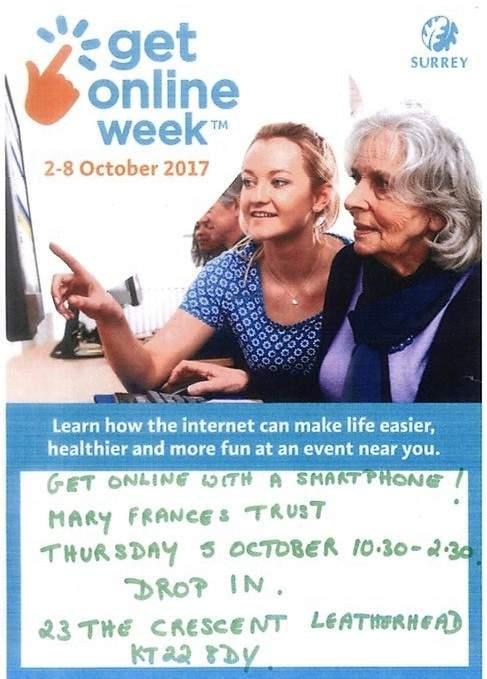 get online week We are taking part in get online week organised by Surrey County Council. On Thursday 5 th October from 10.30-2.