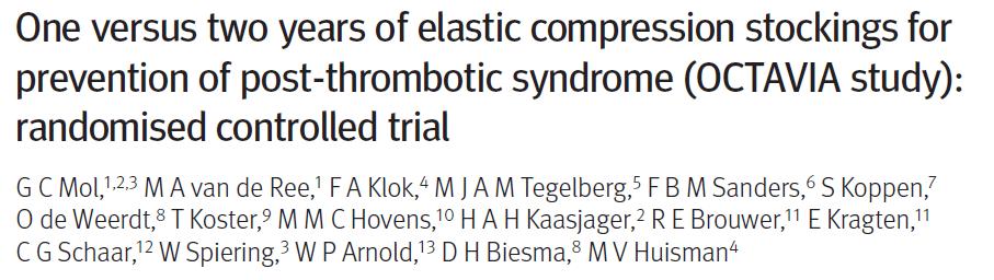 Mol GC et al. BMJ 2016 Results Developed PTS in 2 nd year after DVT % (95%CI) Stop ECS after 1 year (n=256) 19.9% (16%-24%) Continue ECS for total of 2 years (n=262) 13.0% (9.