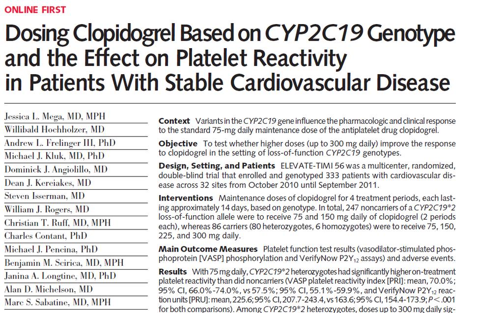 JAMA, 2011 ELEVATE TIMI 56 Conclusion Among patients with stable cardiovascular disease, tripling the maintenance dose of clopidogrel to 225 mg daily in CYP2C19*2 heterozygotes achieved levels of