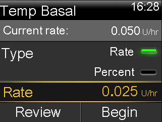 The Basal option on the Home screen appears as Basal (T) during your temp basal delivery. Your scheduled basal rate automatically starts again when your Temp Basal rate finishes.