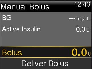 7. Select Deliver Bolus to start your bolus. Your pump beeps or vibrates and displays a message when your bolus starts. The Home screen shows your bolus amount as it is being delivered.