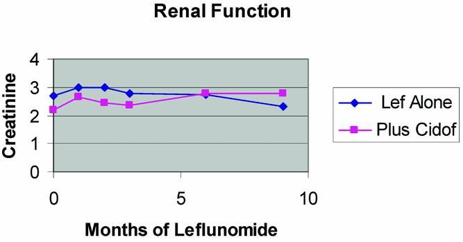 Leflunomide +/-cidofivir in addition to immunosuppression reduction 26 patients with biopsyproven BKVAN: MMF discontinued, 17 leflunomide alone 9 leflunomide + cidofovir Leflunomide: