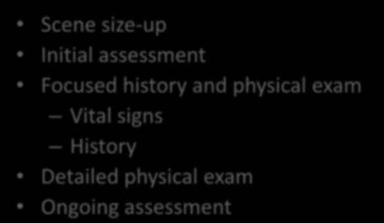 Patient Assessment Scene size-up Initial assessment Focused history and
