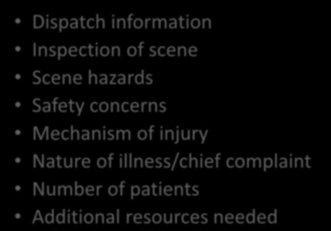 Scene Size Up Dispatch information Inspection of scene Scene hazards Safety concerns
