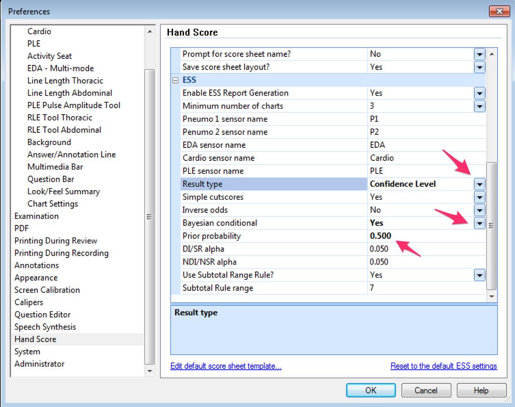 Figure 1. Change the ESS Report Settings Click OK after changing these settings. Then proceed to score the examination and generate the ESS Report from the manual score sheet.