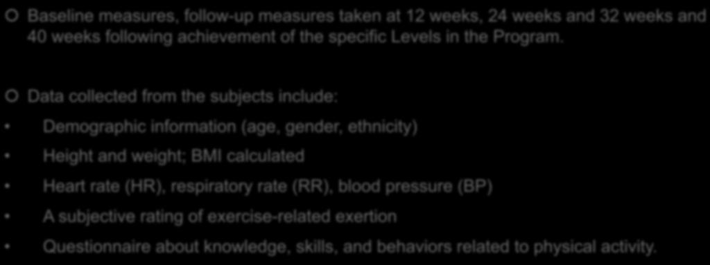Study Methods / Description! Baseline measures, follow-up measures taken at 12 weeks, 24 weeks and 32 weeks and 40 weeks following achievement of the specific Levels in the Program.