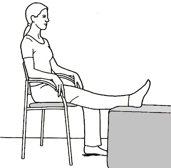 with your leg unsupported on a stool Action - Allow the weight of your leg to straighten your knee, tighten the thigh