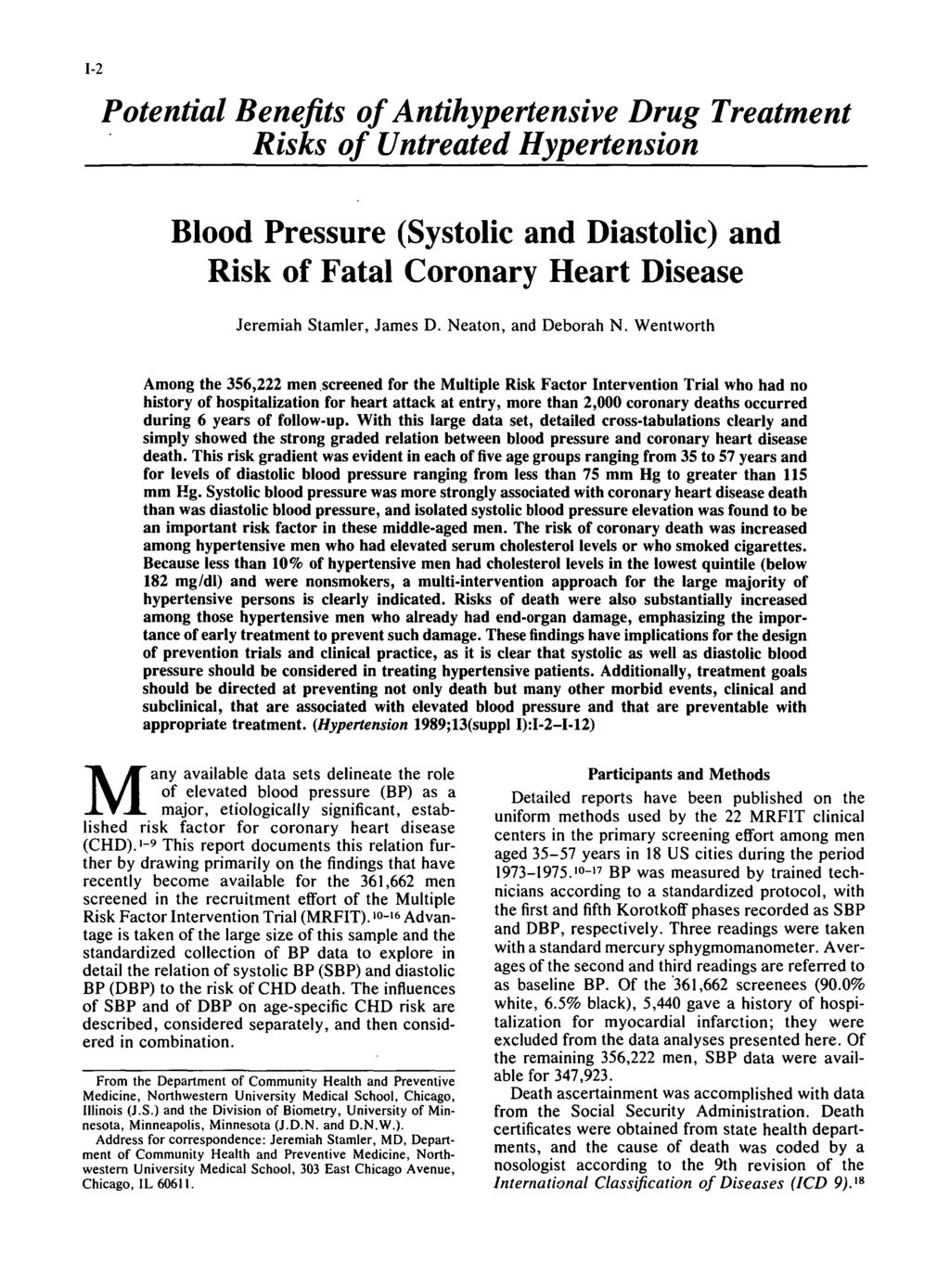 - Potential Benefits of Antihypertensive Drug Treatment Risks of Untreated Hypertension Blood Pressure (Systolic and Diastolic) and Risk of Fatal Coronary Heart Disease Jeremiah Stamler, James D.
