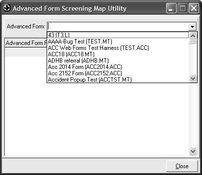 Advanced Form Screening Map Utility Utilities Advanced Forms Screening Map Utility The Advanced Form Screening Map Utility will allow the user to map coding terms used by a specified Advanced Form to