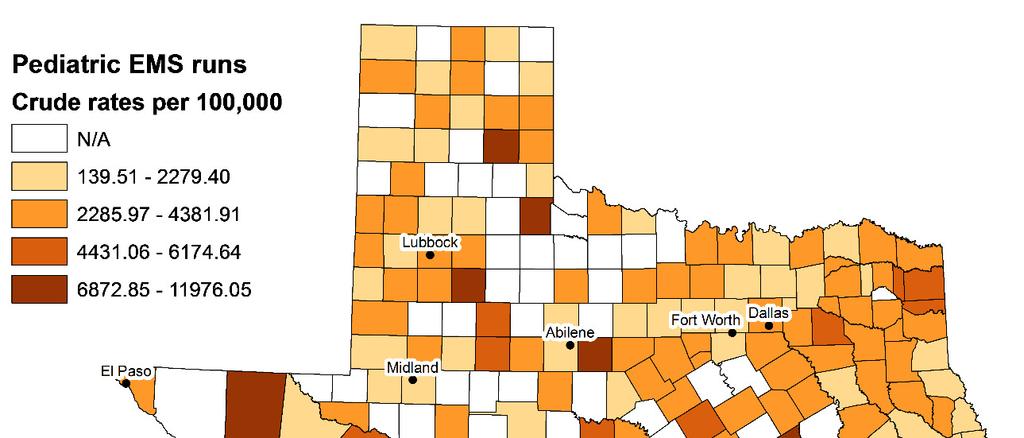 PEDIATRIC EMS RUNS TEXAS, 2014 COUNTY OF INCIDENCE Among counties with at least 20