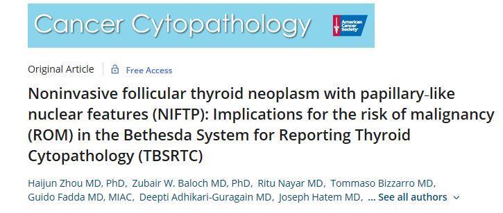 NIFTP diagnosis and ROM changes for cytology Bethesda categories will vary based on threshold of cytopathologists and surgical pathologists at individual