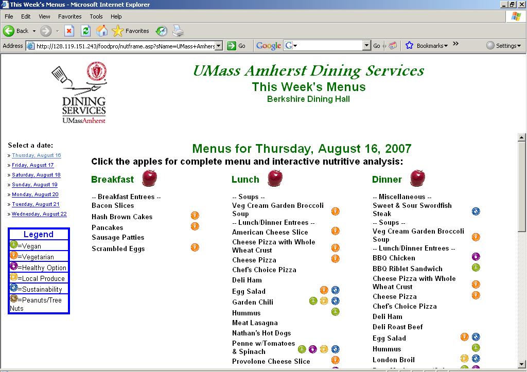 To Navigate this site: Click on the dining commons you plan to eat at. The menu for the day will appear.