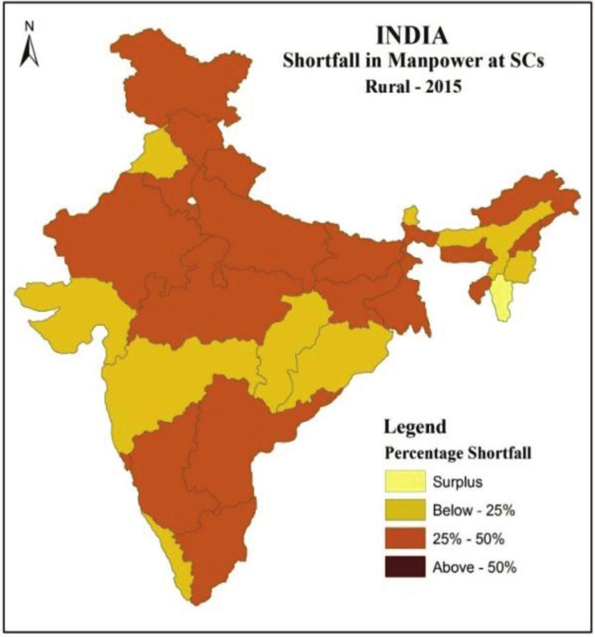 Rural Healthcare Infrastructural Disparities in India: a Critical Analysis of Availability and Figure 3: shortfall of health workers in the available SCs with 15 states having shortfall above