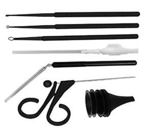 Myringotomy Tray Sterile Kits Generally Include: 5 sizes of ear specula 2 sizes of curettes 1 myringotomy knife, sickle blade 1 suction Myringotomy Blades Spear Blade Lance Blade Upcutting, Angled