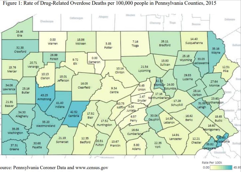 Scope of the Opioid Crisis in Pennsylvania and Allegheny County 2016 PA Fatal OD Rate = 26 per 100,000 2016 PA Fatal OD Rate =