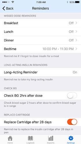 ADDITIONAL DOSE CALCULATOR SETTINGS Missed Dose Reminders When enabled, up to four rapid-acting dose reminders may be programmed for a 24 hour period.
