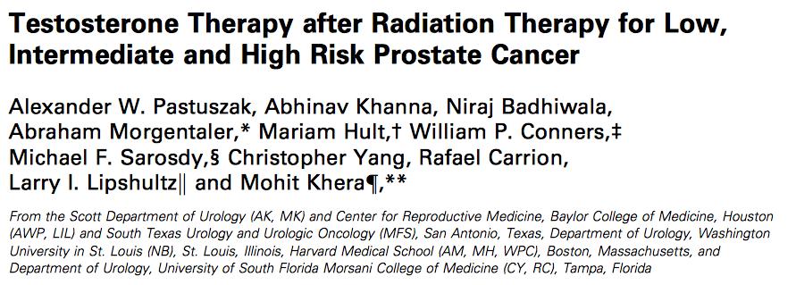 98 hypogonadal men with low, intermediate, and high risk PCa treated with radiation therapy Started on TTh T and PSA monitored Q 3 months median 41