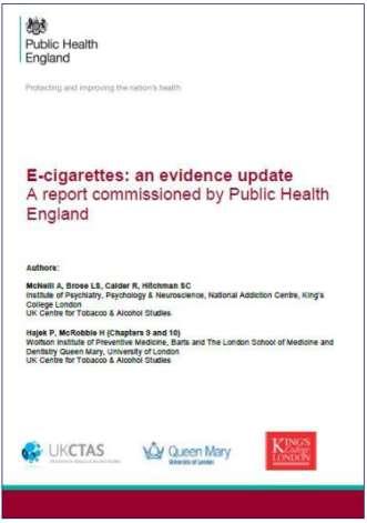 PHE 2015: what we know While not completely risk free, e-cigarette use carries a fraction of the risk of smoking, with no evidence of harm to bystanders Now the most popular quitting aid in England