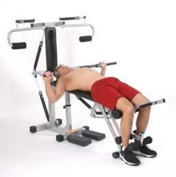 Incline bench press pectorals-upper fibers (chest) and triceps (back of upper arm) Adjustments raise bench into the top position; choose any of the four handle positions of the inner handles on   the