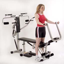 near the leg extension unit; hand on the machine side should be gripping the handle with palm facing down; elbow should be extended as much as possible Exercise motion pull the