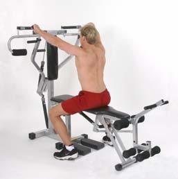 Overhead press deltoids (shoulders) and triceps (back of upper arm) Starting position begin the exercise sitting and straddling the bench facing the FB pad; hands should be gripping the outer handles