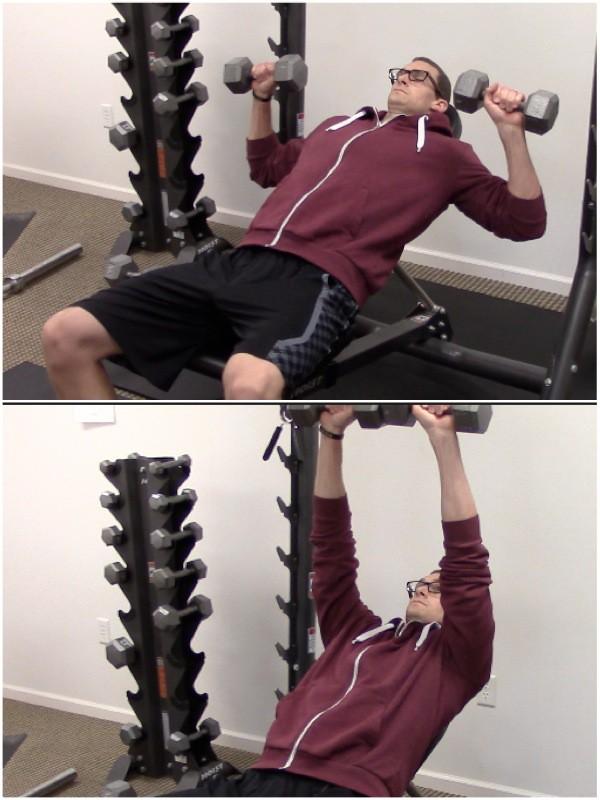 DB Incline Press 1. Lie on a bench with the backrest inclined at 45-60 degrees. Hold the dumbbells above your chest with your palms turned toward your feet. 2.