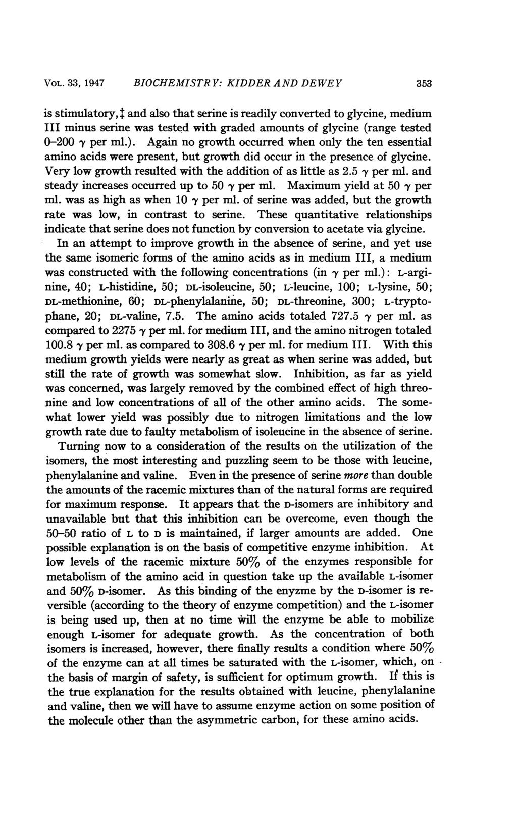 VOL. 33, 1947 BIOCHEMISTRY: KIDDER AND DEWEY 353 is stimulatory, t and also that serine is readily converted to glycine, medium III minus serine was tested with graded amounts of glycine (range