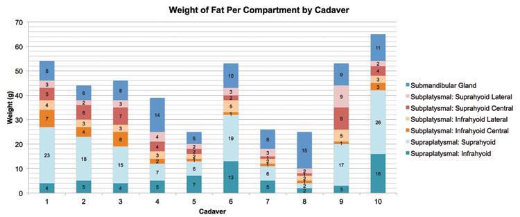 Larson et al 503 Figure 7. Weights of the fat from the supraplatysmal and subplatysmal subcompartments. Figure 8. Proportion of fat in each subcompartment in female cadavers. contained 8.0% (±4.1%).