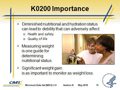 Slide 10 Slide 11 Slide 12 B. K0200 Importance 1. Diminished nutritional and hydration status can lead to debility that can adversely affect health and safety as well as quality of life. 2.