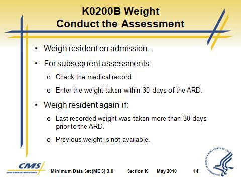 Section K Swallowing/ Nutritional Status Slide 13 Slide 14 D. K0200A Height Coding Instructions 1. Record height to the nearest whole inch. 2. Use mathematical rounding. 3. If height measurement is X.