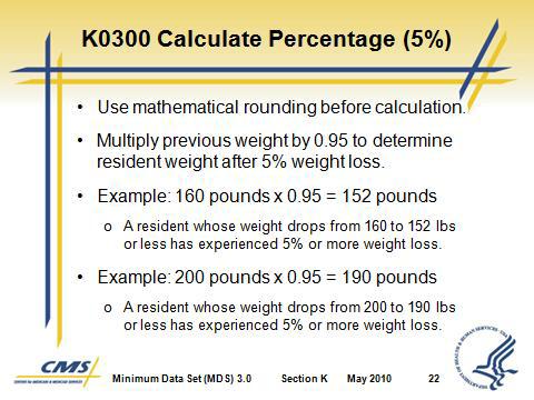 Section K Swallowing/ Nutritional Status 3. Code weight loss based on whether it was planned and managed or unplanned and unmanaged. Slide 22 Slide 23 E. K0300 Calculate Percentage (5%) 1.