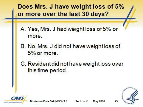 b. A resident whose weight drops from 200 to 180 pounds or less has experienced at least 10% weight loss. Slide 24 Slide 25 G. K0300 Calculation Practice #1 1. Mrs.