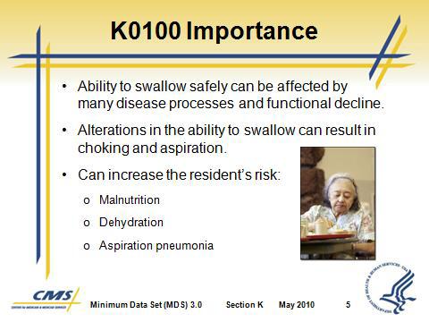 Slide 3 C. Intent of Section K 1. Section K is intended to assess the many conditions that could affect the resident s ability to maintain adequate nutrition and hydration. 2.